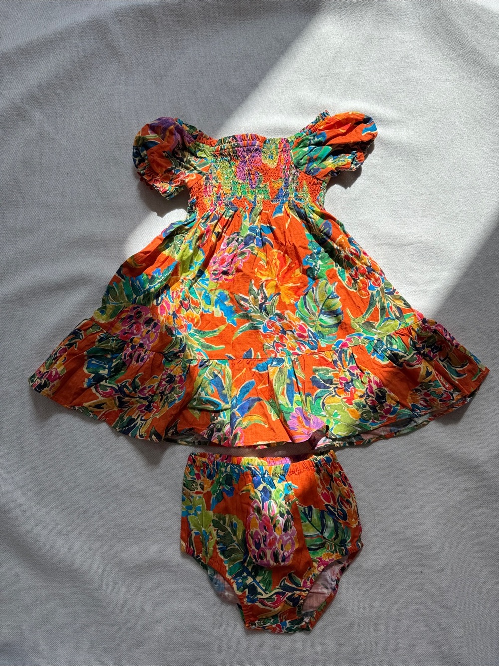 Polo Ralph Lauren Bright Orange Tropical Floral Kids Costume Dress with Bloomers